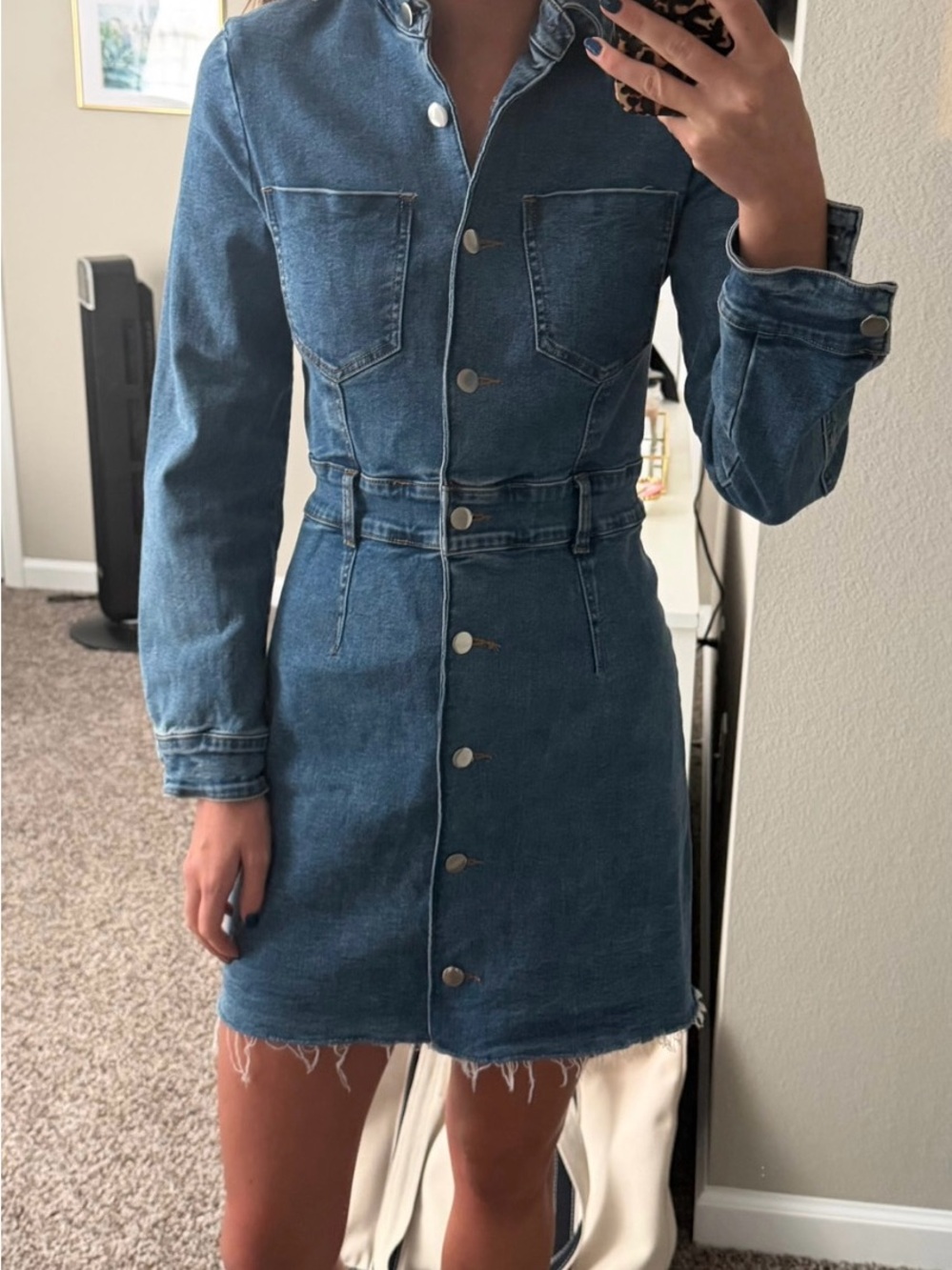 Amazing Lace Denim Button-Front Long Sleeve Dress in Blue